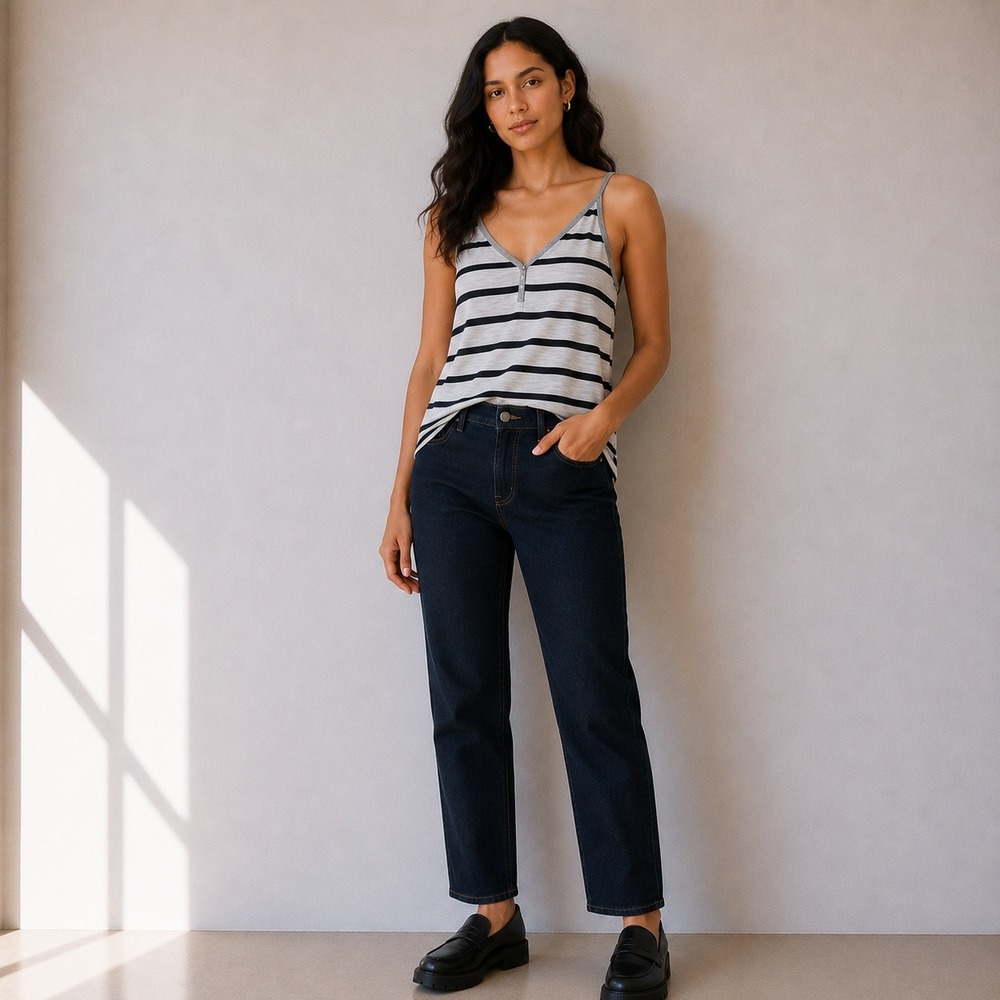 Stateside Navy White Striped Cami Tank Top Gray Trim Preppy Fall | Size S